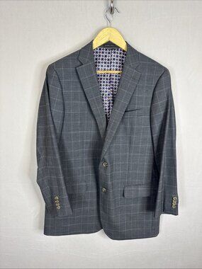 Indochino 42S‎ Gray Windowpane 100% Wool Sport Coat Blazer Short Custom